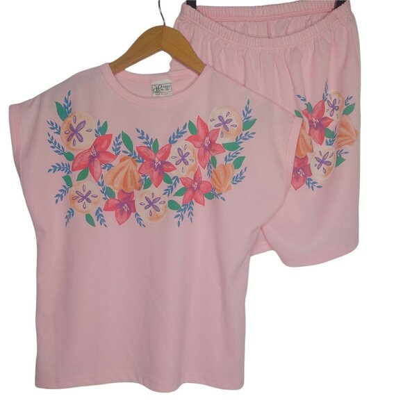 Vintage Haband For Her Medium Shirt Short Set Outfit Light Pink Floral Polyester - Picture 1 of 9